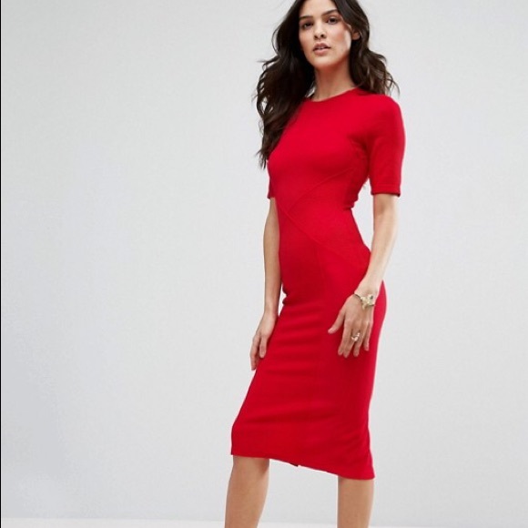 red ribbed midi dress